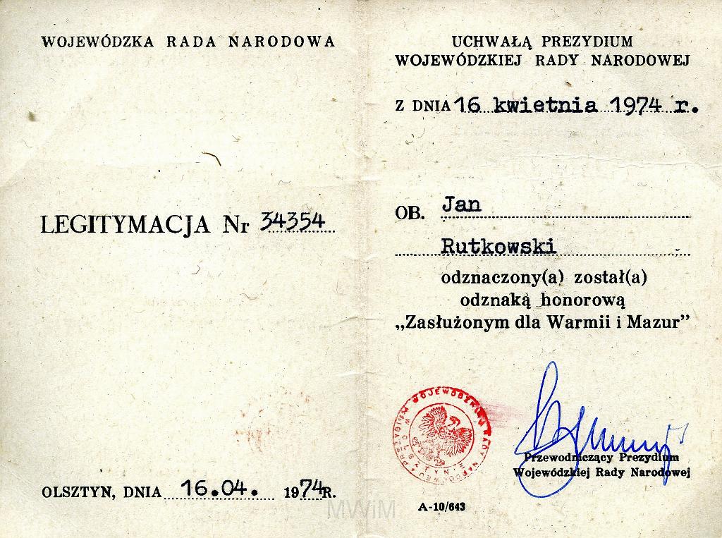 KKE 3262-2.jpg - Legitymacja WRN " Odnzaka Honorowa zasłżony dla Warmii i Mazur", Jana Rutkowskiego, Olsztyn, 1974 r.